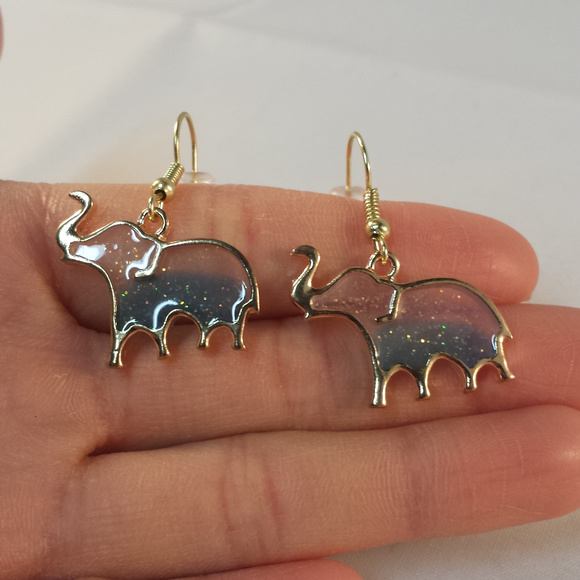 Gold Blue Elephant Drop Dangle Earrings New Mystical Hypoallergenic Hooks - Picture 2 of 2